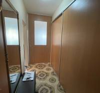 Im Flur der Einzimmerwohnung befinden sich ein Spiegel, ein Kleiderschrank und gemusterte Fliesen.