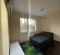 Einfaches Zimmer mit Bett, Teppich und Fenster in einer Einzimmerwohnung.