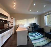 Küche in einer Einzimmerwohnung mit Holzboden und Arbeitsecke.