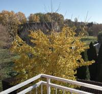 Balkon in einer 3-Zimmer-Wohnung in Tomášikovo mit Blick auf die Herbstlandschaft und einen Baum.