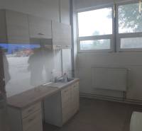 Küchenbereich mit Schränken, Spüle und Boden in Holzoptik in einem Lager- und Hallenumfeld.