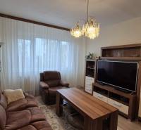 Wohnzimmer mit bequemer Couch, Sessel, Fernseher und Schrank in einer 3-Zimmer-Wohnung.