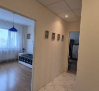 Der Flur, der ins Schlafzimmer in einer 3-Zimmer-Wohnung führt, mit einem Boden in Holzoptik.