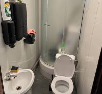 Kleines Badezimmer mit Dusche, Waschbecken und Toilette in Lagerhäusern und Hallen.