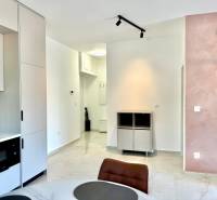 Innenraum einer Einzimmerwohnung mit Küchenzeile, Esstisch und hellen Wänden.