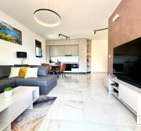 Wohnzimmer einer Einzimmerwohnung mit Sofa, Fernseher und Küchenzeile mit Sitzgelegenheit.