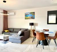 Wohnzimmer in einer Einzimmerwohnung mit Holzboden, Sofa und Esstisch.