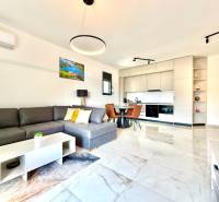 Innenraum einer 1-Zimmer-Wohnung mit Sofa, Kochnische und Esstisch.