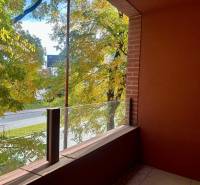 Der Balkon einer Einzimmerwohnung in der Košická Straße in Bratislava - Ružinov mit Blick auf das Grün.