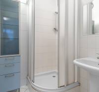 Badezimmer mit Dusche, Waschbecken und blauem Schrank in einer 3-Zimmer-Wohnung.