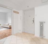 Flur in einer 3-Zimmer-Wohnung mit Eingangstür, Heizkörper und Blick ins Wohnzimmer.