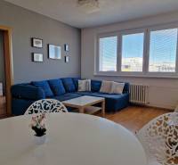 Wohnzimmer einer 3-Zimmer-Wohnung mit Sofa, weißem Tisch und Boden in Holzoptik.