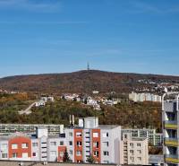 Blick von der Pribišova-Straße auf die Kleinen Karpaten und den Fernsehturm in Bratislava.