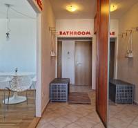 Flur einer 3-Zimmer-Wohnung mit Einbauschränken und Boden in Holzoptik.