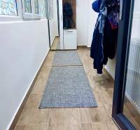 Flur mit Fliesen in Holzoptik in einer Einzimmerwohnung mit einem Einbauschrank für Kleidung.