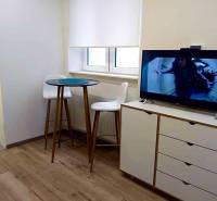 Innenraum einer 1-Zimmer-Wohnung mit Fernseher, Bartisch und Boden in Holzoptik.