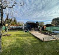 Garten bei der Hütte in der Neuen Siedlung in Komárno mit Baum und Rasen.
