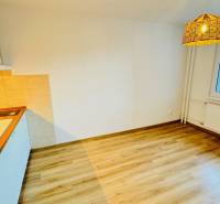 Küche in einer Einzimmerwohnung mit Holzboden und Blick aus dem Fenster.