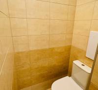 Toilette mit beigefarbenen Fliesen in einer Einzimmerwohnung.