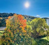 Herbstlandschaft mit bunten Bäumen und Blick auf die Straßen Nádražná in Partizánske.