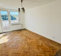 1-Zimmer-Wohnung mit großem Fenster und Boden in Holzoptik.