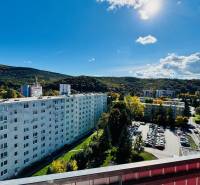 Blick vom Balkon auf Wohnhäuser und die Natur in Partizánske in der Nádražná-Straße.