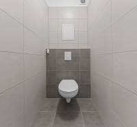 Toilette mit Fliesen in einer 2-Zimmer-Wohnung, schlichtes Design und neutrale Farben.