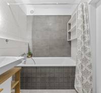 Badezimmer in einer 2-Zimmer-Wohnung mit Badewanne, Waschbecken und Duschvorhang in neutralen Farben.