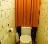 Toilette mit einem orangefarbenen Vorhang und hellen Fliesen in einer Zweizimmerwohnung.