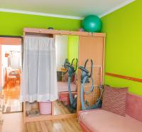 Eine auffällige grüne Wand und ein Spiegelschrank in einer 2-Zimmer-Wohnung. Im Hintergrund ein stationäres Fahrrad.