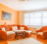 Wohnzimmer mit orangefarbenem Sofa, Boden mit Holzdekor, 2-Zimmer-Wohnung.