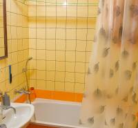 Badezimmer in einer 2-Zimmer-Wohnung mit Badewanne, Duschvorhang und Fliesen.