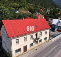 Ein Gebäude in Belej mit einem roten Dach auf der Hauptstraße, umgeben von Grün und Häusern.