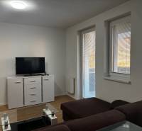 Wohnzimmer in einer Zweizimmerwohnung mit Sofa, Fernseher und Holzboden.