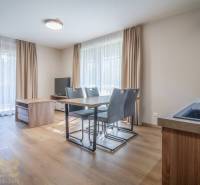Wohnzimmer in einer 2-Zimmer-Wohnung mit Esstisch und Boden in Holzoptik.