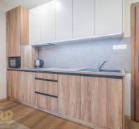 Küchenzeile mit Holzdekor, Einbaugeräte und Boden mit Holzdekor in einer 2-Zimmer-Wohnung.