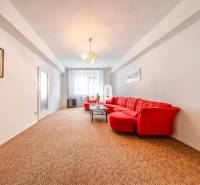 Wohnzimmer mit heller Wand, rotem Sofa und Teppich in einer 4-Zimmer-Wohnung.