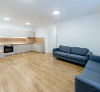 Küche und Wohnzimmer in einer 3-Zimmer-Wohnung mit Holzboden, grauen Sofas und einem Tisch.