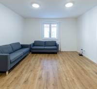 Wohnzimmer in einer 3-Zimmer-Wohnung mit einem Sofa und einem Boden in Holzoptik.