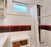 Badezimmer im Einfamilienhaus mit Fenster, Dusche und Regalen für Kleinigkeiten.