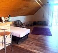 Innenraum einer Hütte mit Bartresen, Bett und Boden in Holzoptik.