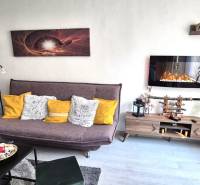 Wohnzimmer in einer Zweizimmerwohnung mit Sofa, Regal und Elektrokamin.