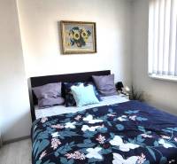 Schlafzimmer in einer 2-Zimmer-Wohnung mit Bett, Bild und Spiegelschrank.