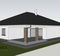 Vizualisierung eines Einfamilienhauses in Bajč mit dunklem Dach und Terrasse.