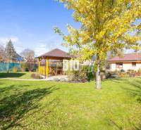 Ein Einfamilienhaus in Bílkove Humence mit Pavillon, Rasen und einem Herbstgarten.