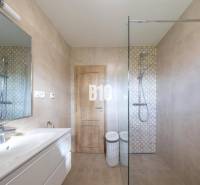 Badezimmer mit Keramikfliesen, Duschkabine und Spiegel in einem Einfamilienhaus.