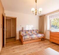 Ein Zimmer in einem Einfamilienhaus mit einem Boden in Holzoptik, einem Sofa und einer Kommode.