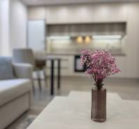 Wohnzimmer mit Küche und Blumen auf dem Tisch in einer Zweizimmerwohnung.