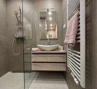 Badezimmer in einer 2-Zimmer-Wohnung mit Waschbecken, Dusche und Handtuch auf dem Heizkörper.