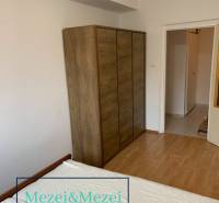 Ein Kleiderschrank mit Holzdekor in einer 2-Zimmer-Wohnung. Weiße Wand und Boden mit Holzdekor.